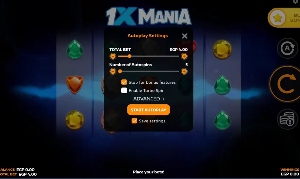 إعدادات التشغيل التلقائي للعبة 1xbet Mania
