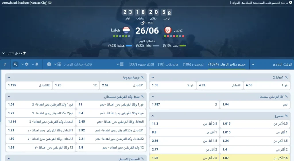 رهانات 1xBet على تونس - هولندا