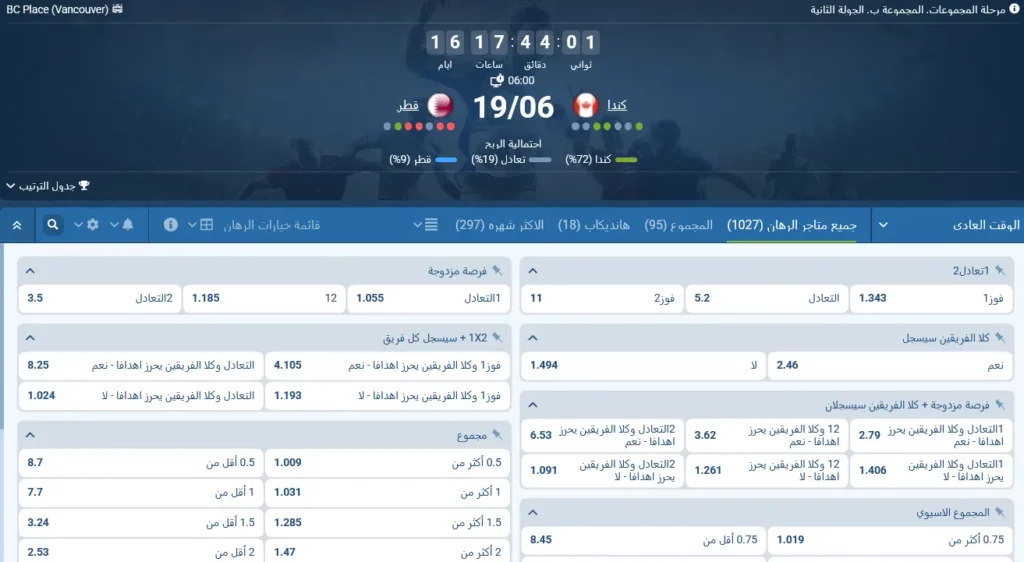 رهانات 1xBet على مباراة كندا ضد قطر