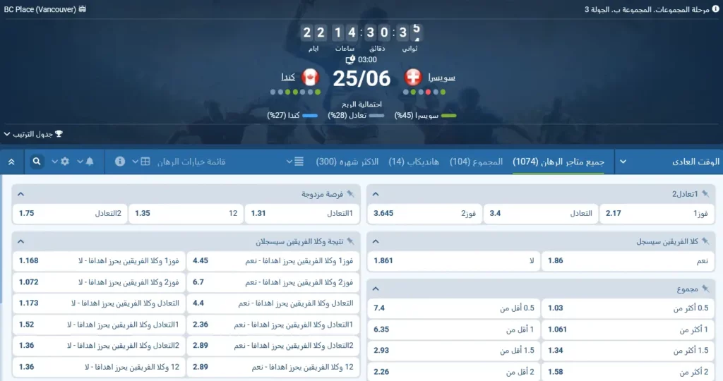 مراهنات 1xBet على سويسرا - كندا