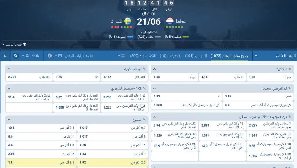 موقع 1xBet يقدم رهانات على مباراة هولندا ضد السويد